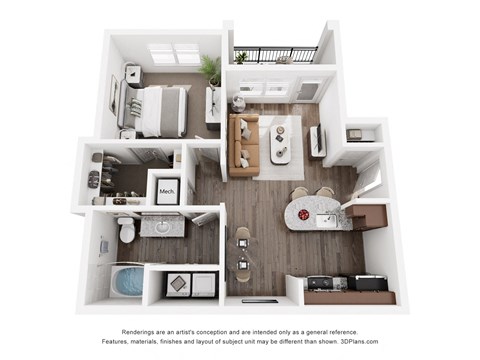 Floor plan for 1 bed, 1 bath, 715 sqft